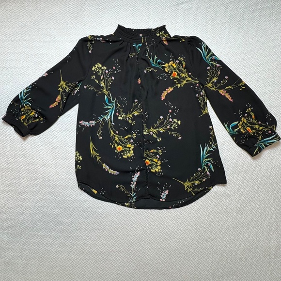 Worthington Petite Black Floral Pullover Blouse 3/4 Sleeve Stand-up Collar, M - Picture 12 of 14